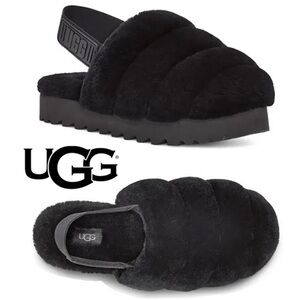 UGG Black Super Fluff Closed Toe Elastic Strap Slip On Slippers